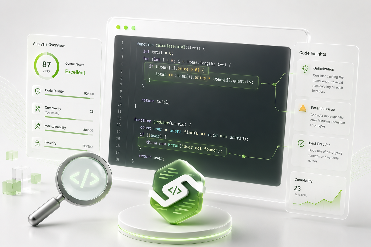 Sensei analysis dashboard with overall score 87, complexity trend, issues found, warnings, and code smells.