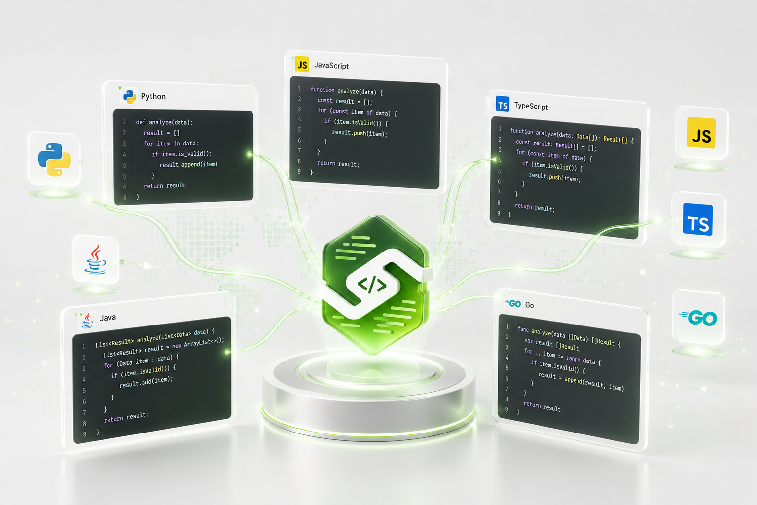 Multi-language tiles for Python, JavaScript, TypeScript, Java, Go, and a "+15 more" badge orbiting the Sensei mark.